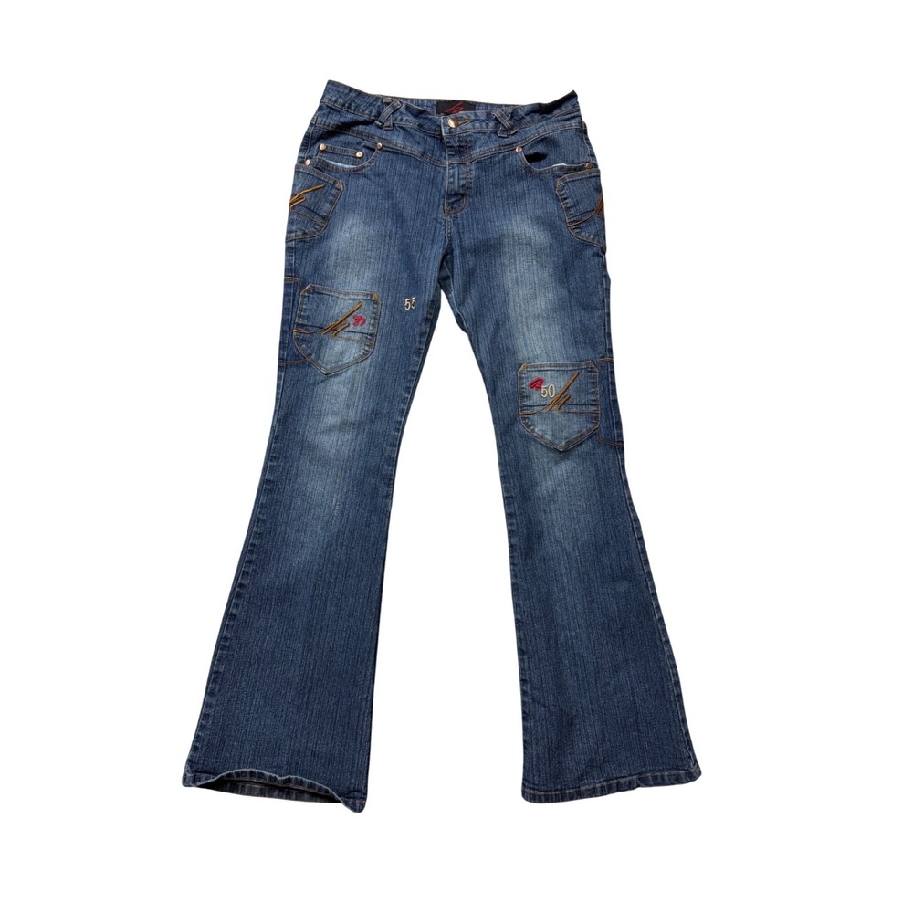 Vintage Y2K Hottie Flare Jeans Patchwork Pocket Low Rise Denim Size 13